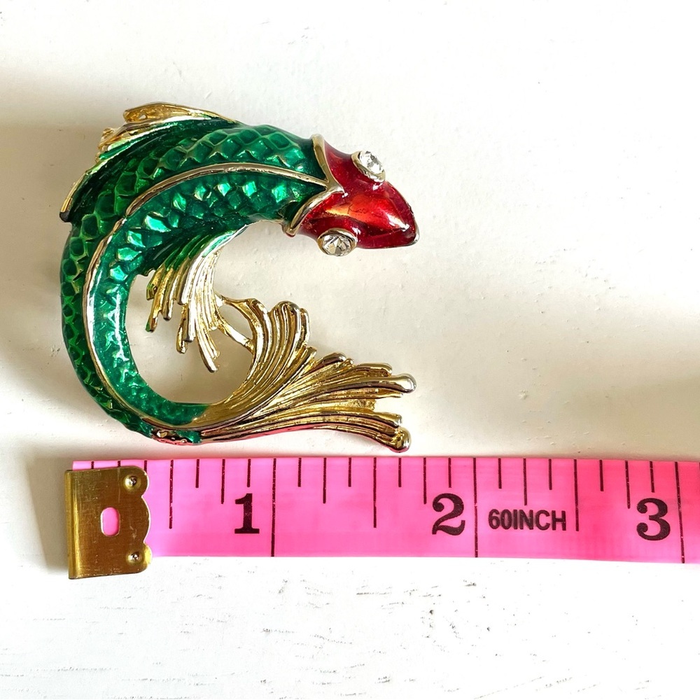 SOLD | Vintage Koi Fish Brooch Green Red Gold Enamel Rhinestone Statement Pin - Picture 10 of 11
